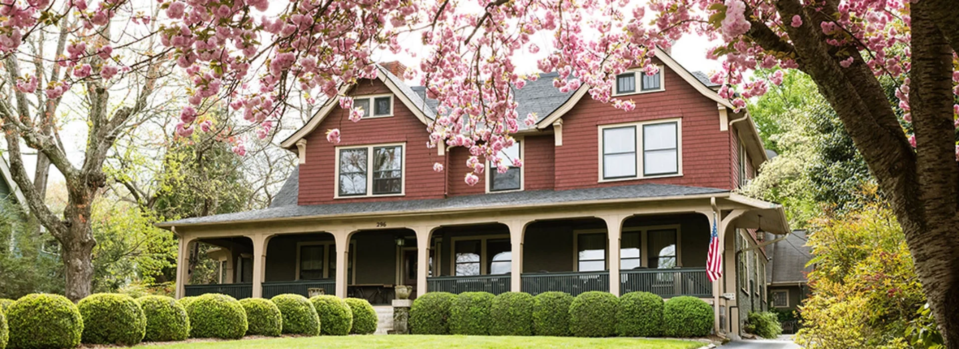 The front side of the Bed and Breakfast in Asheville with two tall trees growing on the sidewalk, NAME OF THE PLANT to the right. Front yard with trimmed lawn and rows of green round ball bushes.