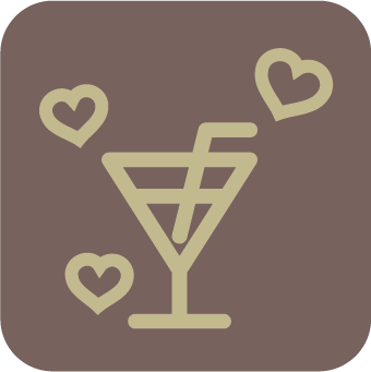A brown icon with the outline of a drink glass with 3 hearts around.