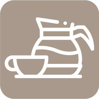 A beige icon with the outline of a teapot and a cup, one of the amenities at the bed and breakfast.