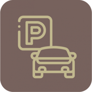 A light brown icon with an outline of a car and a parking sign.