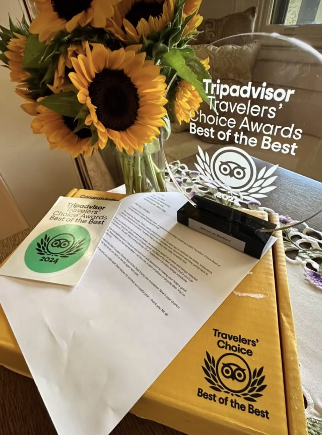 Tripadvisor's the best of the best award sitting inside 1900 Inn on Montford