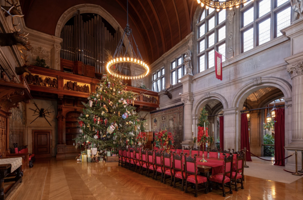 Dining room table and Christmas tree during Christmas at Biltmore Estate