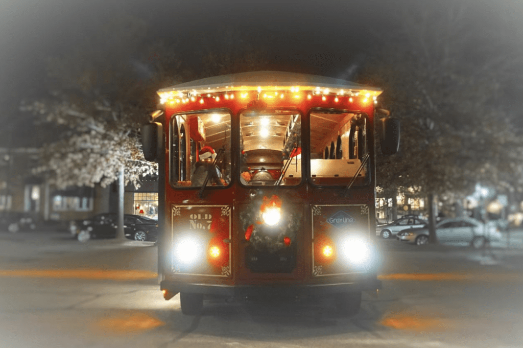 The front of the Holly Jolly Christmas Trolley  in downtown Asheville.