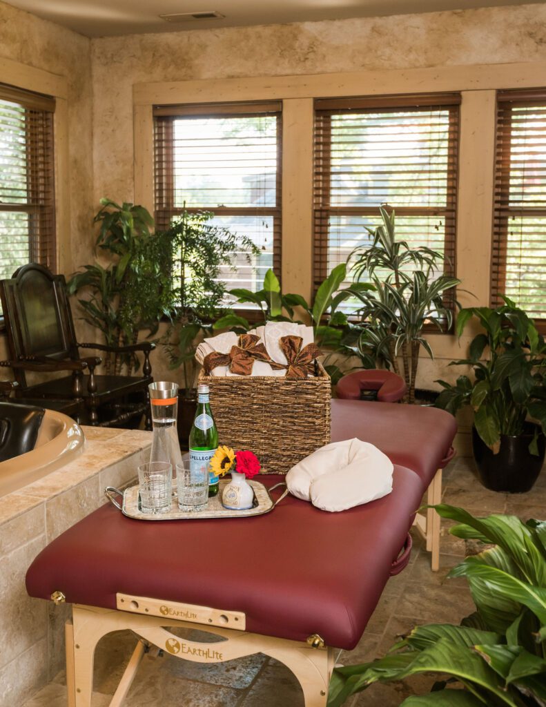 The set up for a massage at in the Cloisters suite at Montford Inn.